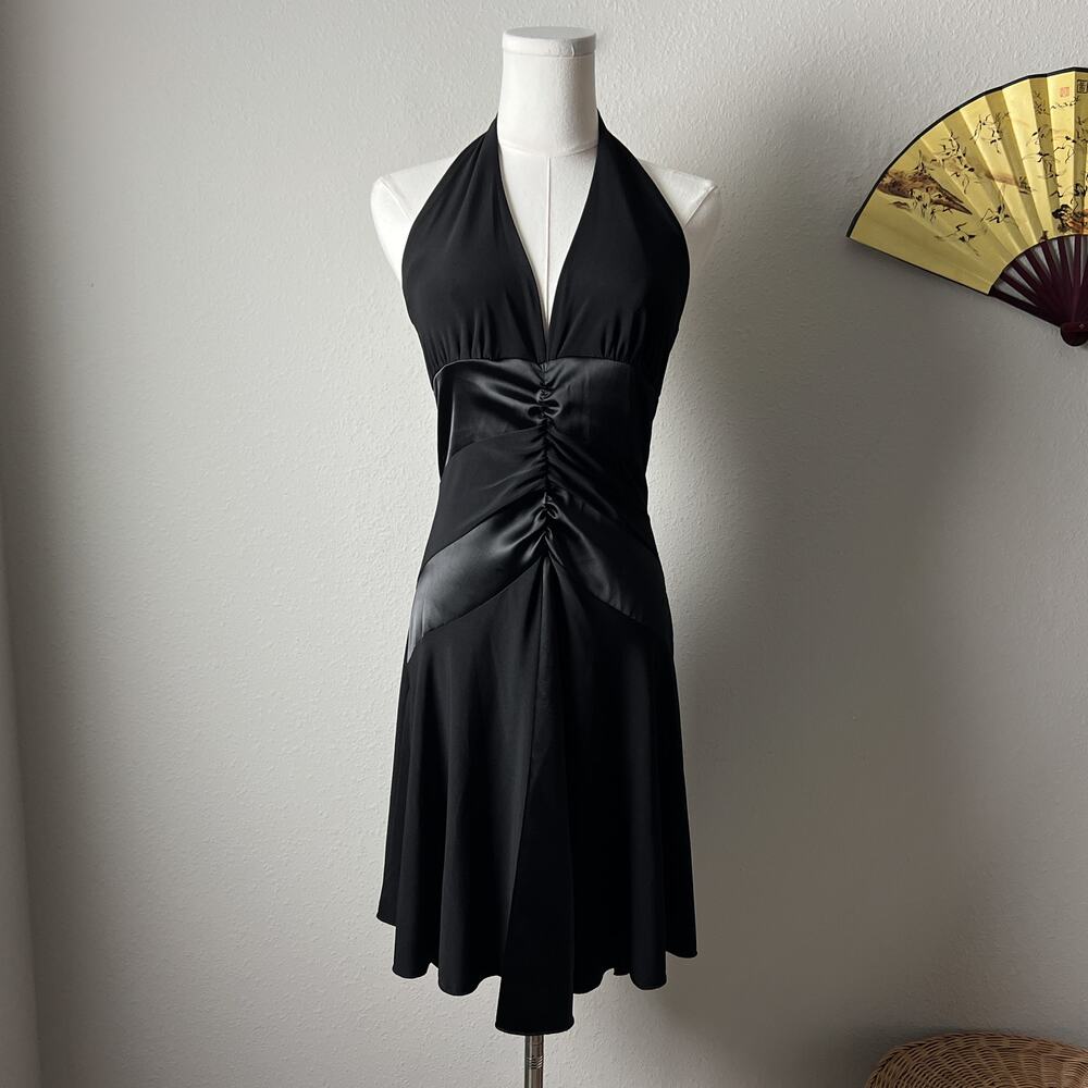 y2k vintage black minimalist fairy goth satin paneled ruched halter midi dress